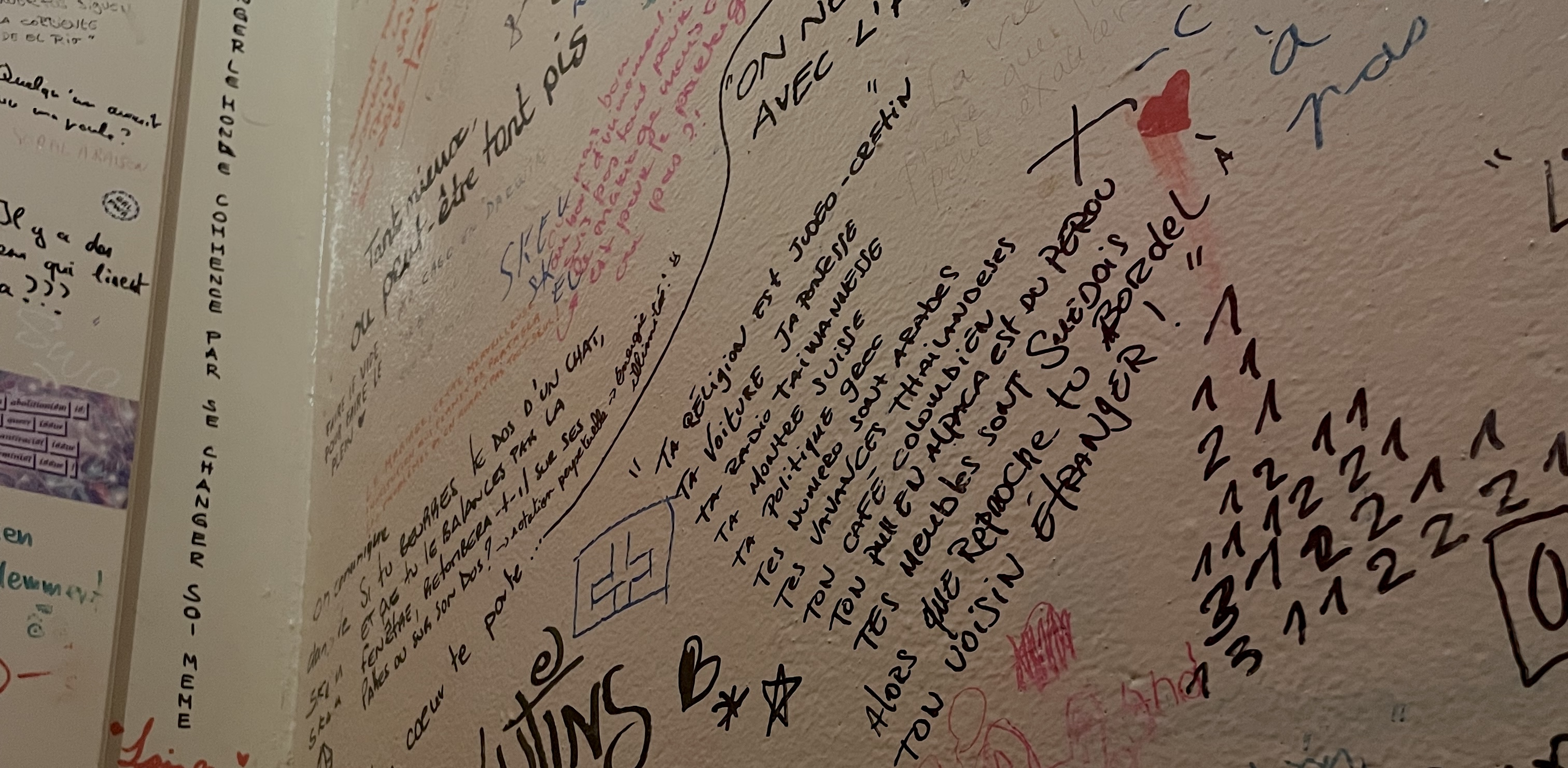 walls of a bathroom stall full of quotes